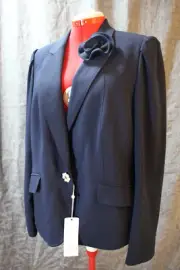 BASLER Navy Blazer Pearl Button Flower Collar Detail Unworn With Tags