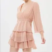 NWT Alice McCall "You Kissed Me" Dress 10 Pink Tiered Ruffle Chiffon Bell Sleeve