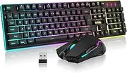 RedThunder K10 Wireless Gaming Keyboard and Mouse Combo, LED Backlit Rechargeable 3800mAh Battery, Mechanical Feel Anti-ghosting Keyboard + 7D 3200DPI Mice for PC Gamer (Black)