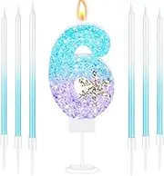 MTLEE Number 6 Birthday Candle Blue Snowflake with 6 Long Thin Cupcake Candles Blue Sparklers Glitter Number Happy Birthday Cake Topper Decorations for Winter Party Supplies