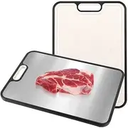 Stainless Steel Cutting Board, 38.5 x 26.5cm-Food Grade Cutting Board with Handle, Double Sided Stainless Steel/Wheat Straw Chopping Boards, Cut Veggies and Meat Separately, Easy to Clean, Non-Slip