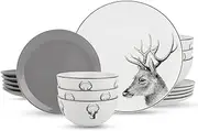 Hoften 18-Piece Dinnerware Set, Plate Dishes Bowls, Service for 6, Dishwash & Microwave Safe, Christmas Deer Theme(DT18-01)