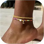 [TINGN] Anklets for Women, Colorful Beaded Heart Letter Anklet Boho Handmade Anklet Gold Multi-row Waterproof Summer Beach Anklets Initial Ankle Bracelets Adjustable Foot Chain Set Gifts for Women Girls
