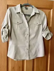 Theory Linen Blend Button Up Shirt Barley Roll Tab Sleeves Dervan Size L $190
