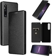 [AAOCLO] Luxury Business Phone Shell Compatible with Sony Xperia 1 V 1V flip Cover Carbon Fibre Card Slots Wallet Leather Stand Holder (Black,Xperia 1 V)
