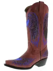 Womens Western Boots Cowboy Red Leather Blue Sequins Heart Wings Size 4.5, 6-7.5