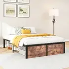 Double Size Bed Frames with Vintage Wood Footboard, Heavy Duty Metal Platform Be