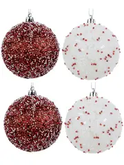 Red & White Baubles Decorated With Glitter, Sequins & Mini Beads - 4 x 80mm