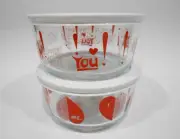 ❤️ 2 PYREX Valentine 4 Cup Storage BOWLS * I LOVE YOU Red HEARTS White Covers