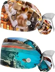 [YTYVAGT] 2-Pc,Nurse Scrub Caps,Scrub Hats with Buttons and Cotton Sweatband,Santa Claus Christmas Tree House