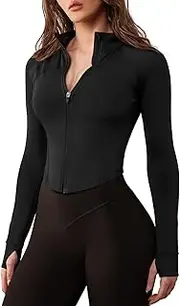 [GYM RAINBOW] Women's Zip Up Workout Jacket Lightweight Slim Fit Athletic Jacket Cropped Running Gym Tops with Thumb Holes