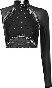 [Riismen] Women's Jazz Latin Dance Costume Shiny Rhinestone Asymmetrical Crop Top Modern Contemporary Dancewear