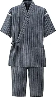[Little Island] Ｌｉｔｔｌｅ Ｉｓｌａｎｄ Japan cool jinbei yukata men's half-sleeved Takashima Chijimi Japan Cotton top and bottom, Blue Striped, S-M
