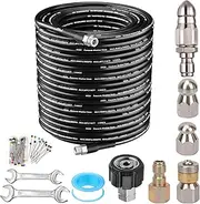 150FT Sewer Jetter Kit for Pressure Washer, 5800PSI Drain Cleaner Hose 1/4 Inch NPT Corner, Rotating Button Nose Sewer Jetting Drain Jetter Hose Nozzle Pearl Corsage Pin Spanners, Black