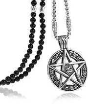 [BLEUM CADE] Star Pentagram Pentacle Pagan Wiccan Witch Gothic Pendant Necklace with Agate Chain 27", Stone, Agate