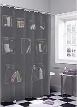 Zenna Home Waterproof PEVA Shower Curtain or Shower Liner with 9 Mesh Storage Pockets, 70" x 72", Bathroom Organizer, Grey