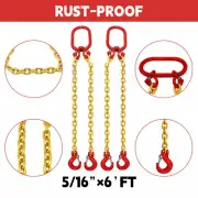 2PCS 5/16"x6' G80 Chain Lifting Sling 2 Legs 3T/6600lbs Capacity w/ Grab Hooks