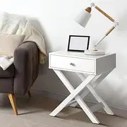 OIKITURE Small Bedside Table with Drawer, Wooden Nightstand with Storage Drawer, Cross Base Bed End Nightstand Table for Bedroom Living Room Garden Balcony, White