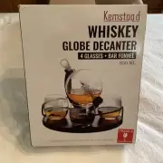 NIB! KEMSTOOD Ship Whiskey Decanter SET Blown Glass Globe 4 Glasses MCM Barware