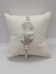 .925 Solid Silver Bracelet Batman Cubic Circonia Shield /Cuban Link Chain New.