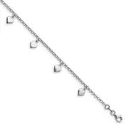 Sterling Silver Rhodium-Plated Hearts 9In Plus 1In Ext. Anklet
