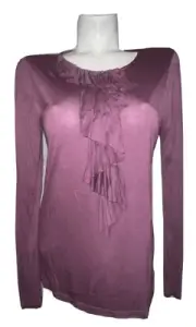 New ANN TAYLOR Top Size L Purple Rayon Nylon Wool Ruffle Front LS Blouse Shirt