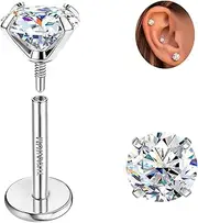 [GEMQUEEN] Moissanite Earrings Studs Flat Back Earrings Hypoallergenic : G23 Titanium Earrings for Cartilage Internal Thread 18G Helix Tragus Conch Piercing Jewelry for Women Men Gray D Color VVS1 1-3CT