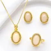 Gold Plated White Jade & Cubic Zirconia Pendant Necklace & Earrings Rings Set.