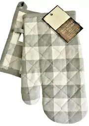 Buffalo Check Plaid 2-Piece Potholder Oven Mitt Set Country Gray White