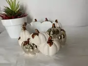 BATH & BODY WORKS WHITE & GOLD PUMPKIN PATCH CANDLE HOLDER FOR 3 WICK CANDLES