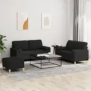 3 Piece Sofa Set with Pillows, Black Fabric, Durable & Comfortable Seating for Living Room, Small Spaces, Sectional Sofas, 2-Seater Couch with Footstool, L-Shaped Modular Furniture, 138-158 cm Width