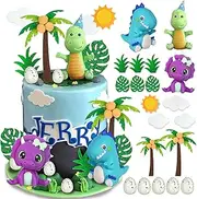 DRWATE Dinosaur Cake Toppers Clay Dinosaurs Palm Leaves Dinosaur Eggs for Boy Girl Kid Birthday Baby Shower Dinosaur Theme Jungle Party Supplies (Multicolor)