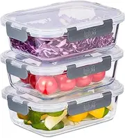 [Igluu Meal Prep] Glass Containers with Leak-Proof Snap Lock Lids - Airtight Portion Control Food Storage. BPA-Free, Microwavable, Oven & Dishwasher-Safe 1050ml (3 pack)