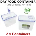 2 x Air Tight Dry Food Container 1Ltr Plastic Cereal Pour Storage Rice Flip Lid