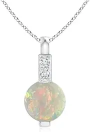 [Angara] Natural Round Opal Solitaire Pendant Necklace with Diamond Bale in Sterling Silver/14ct Solid Gold for Women | October Birthstone Jewellery for Her