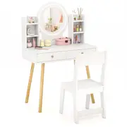 Giantex Makeup Vanity Set Wooden Dressing Table & Chair Set w/LED Lighted Mirror White