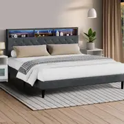 Oikiture Bed Frame King Size Beds Base with LED Storage Bedhead NOVI