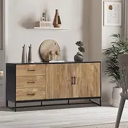 Oikiture Sideboard Cabinet with Drawers and Metal Handles Buffet Cupboard for Dining Room, Living Room, Kitchen Black and Natural