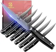 Piklohas Steak Knives Set of 6, 4.5 Inch Non Serrated Dinner Knife, Forged German Steel Damascus Pattern Straight Edge Meat Knife with Full Tang Handle, Dishwasher Safe, Ideal for Gift