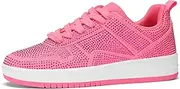 [LUCKY STEP] Women Fashion Sparkle Rhinestone Sneakers White Leather Low Top Tennis Shoes Lace Up Casual Comfortable Walking Shoe