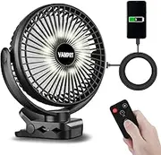 VANPRT 8'' Rechargeable Portable Hanging RV Tent Clip fan with Remote, 10000mAh Camping Fan, 3 Speed, Max 40 Hours Working Time, with LED light and Timer, 720°Rotation, as Emergency Power - Black
