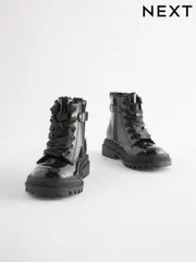 Black Patent Wide Fit (G) Chunky Lace-Up Ankle Boots (500842) | $57 - $66