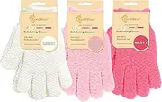Evridwear Exfoliating Gloves for Bath, Shower Deep Cleaning Acne and Dead Skin Removal, Woman Girl Light Moderate or Heavy Level,3 Pairs Pack (White, Pink, Hot Pink)