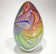 HAND BLOWN GLASS PAPERWEIGHT, RETICELLO GLASS, RAINBOW COLORS, DIRWOOD, n3868