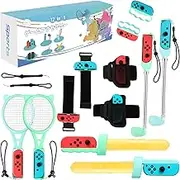 OLDZHU 12 in 1 Switch Sport Game Accessory, 2023 Switch Accessory Pack Compatible with Nintendo Switch, Includes Retractable Golf Club, Tennis Racket, Box Handle, Leg Straps, Sword Combat Grips (Cyan + Light Blue)