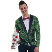 Faux Real Men's Ugly Sweater Long Sleeve T-Shirt, Christmas Tree Tuxedo, Small