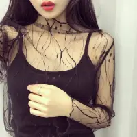在飛比找momo購物網優惠-【D.studio】韓版小性感黑色網紗透視上衣(網紗上衣 夜
