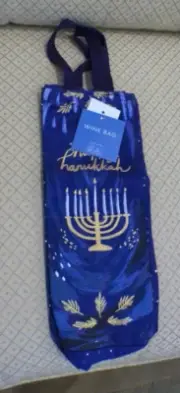 Happy Hanukkah, Festive Lights, Wine Bag, Dark Blue/Gold, Cotton, W/Handle