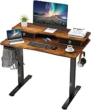 Giantex Electric Standing Desk w/ 2 Drawers, 100 x 60 cm Height Adjustable Stand Up Desk w/Monitor Stand, Home Office Sit Stand Computer Desk w/Storage Shelf, 2 Hanging Hooks, 3 Preset Heights