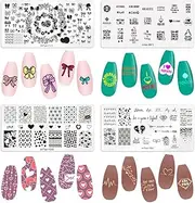 4 PCS Valentines Nail Stamping Plates Love Heart Nail Art Plates Templates Sweet Words Nail Stamper Set Flowers Bows Cherry Printing Nail Stencils Reusable Nail Art Tools